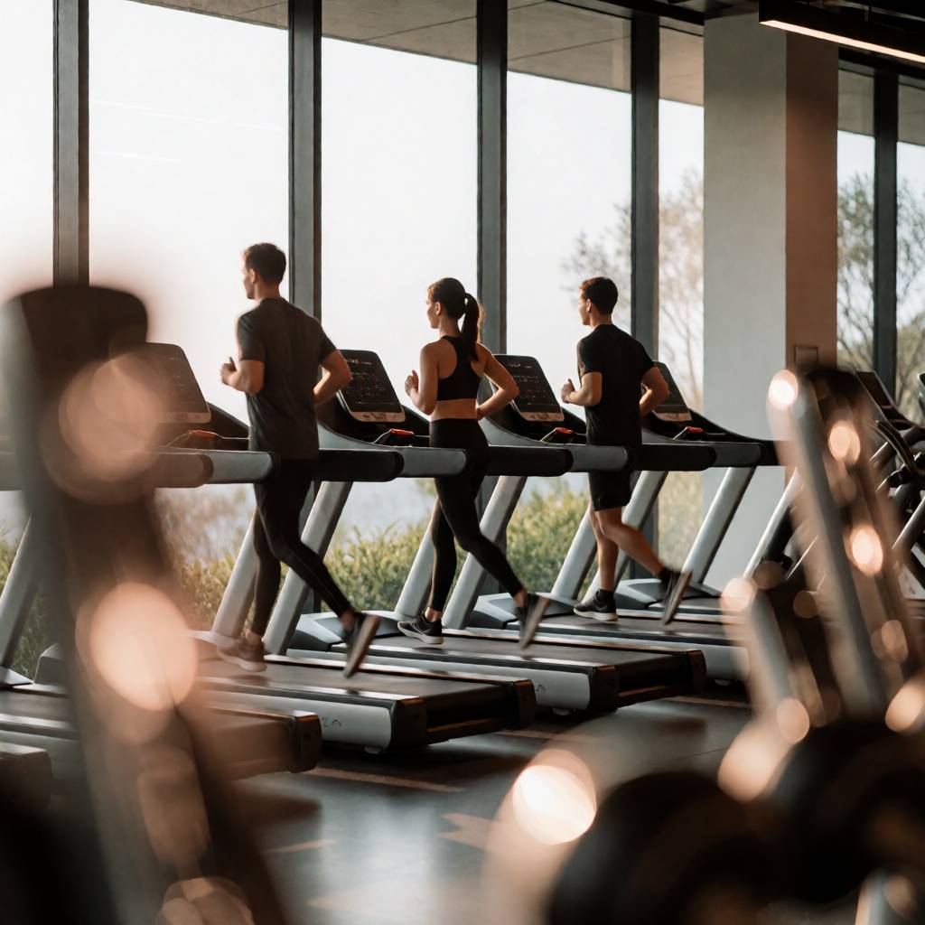 Personas corriendo en cintas en un gimnasio con grandes ventanales.